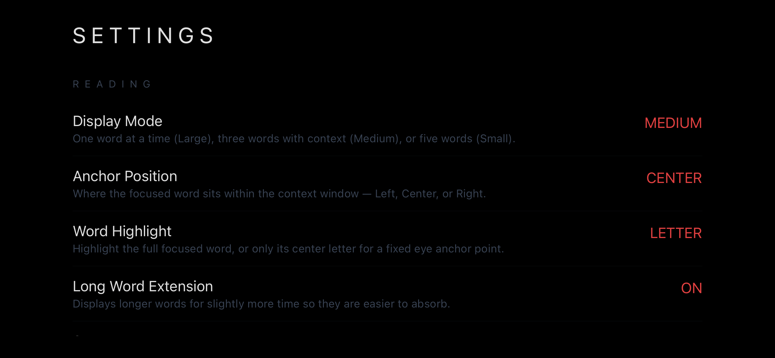 FlowRead settings screen