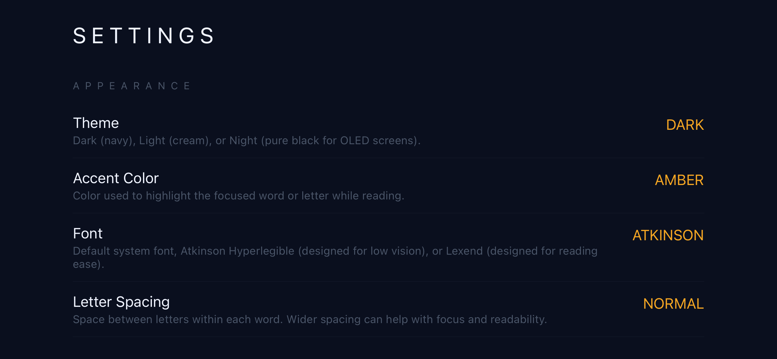 FlowRead settings screen