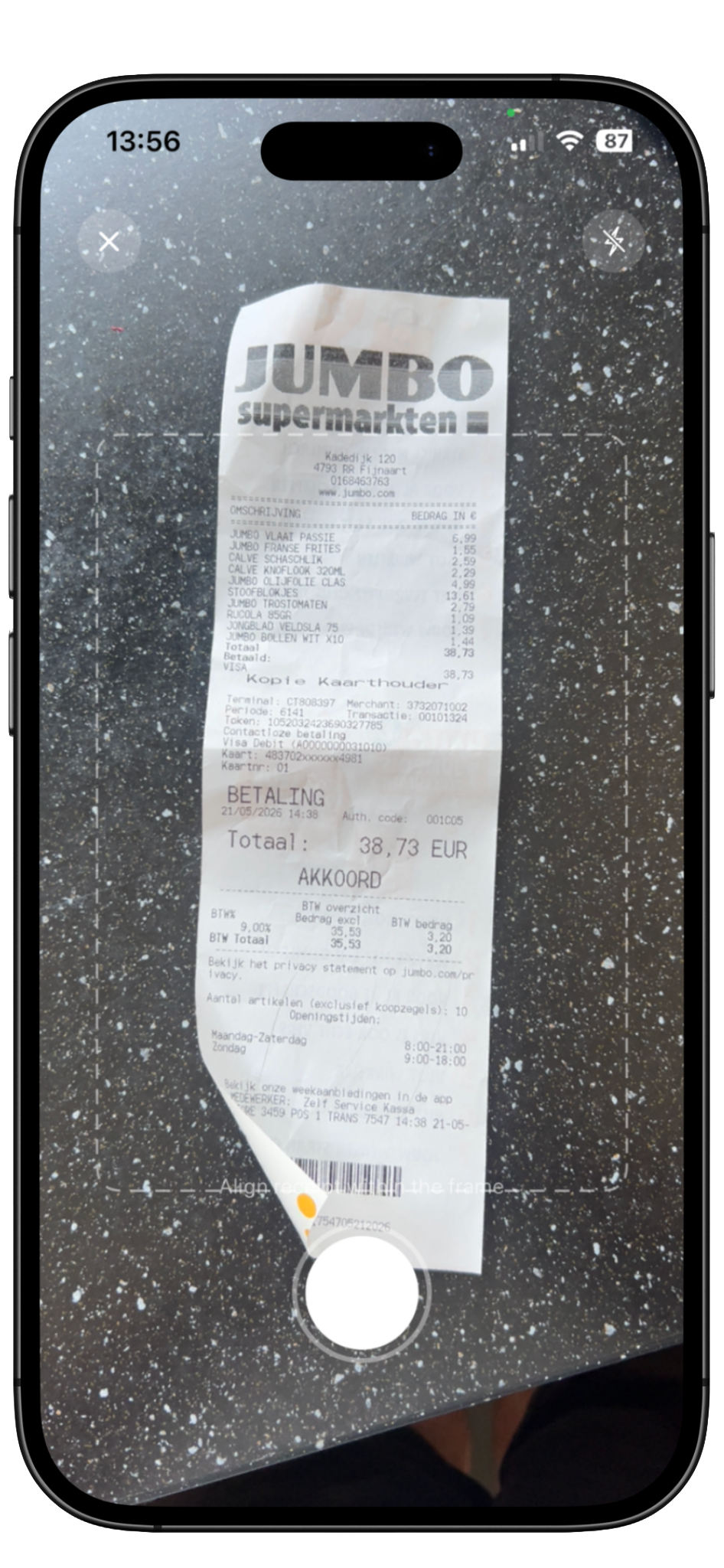 Kira receipt camera scan screen
